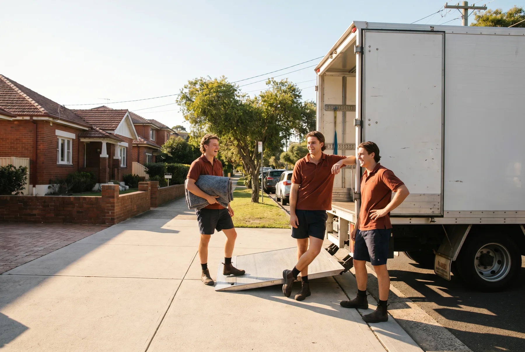 Three young removalists in brick-red polos at the open tailgate of their truck on a leafy street