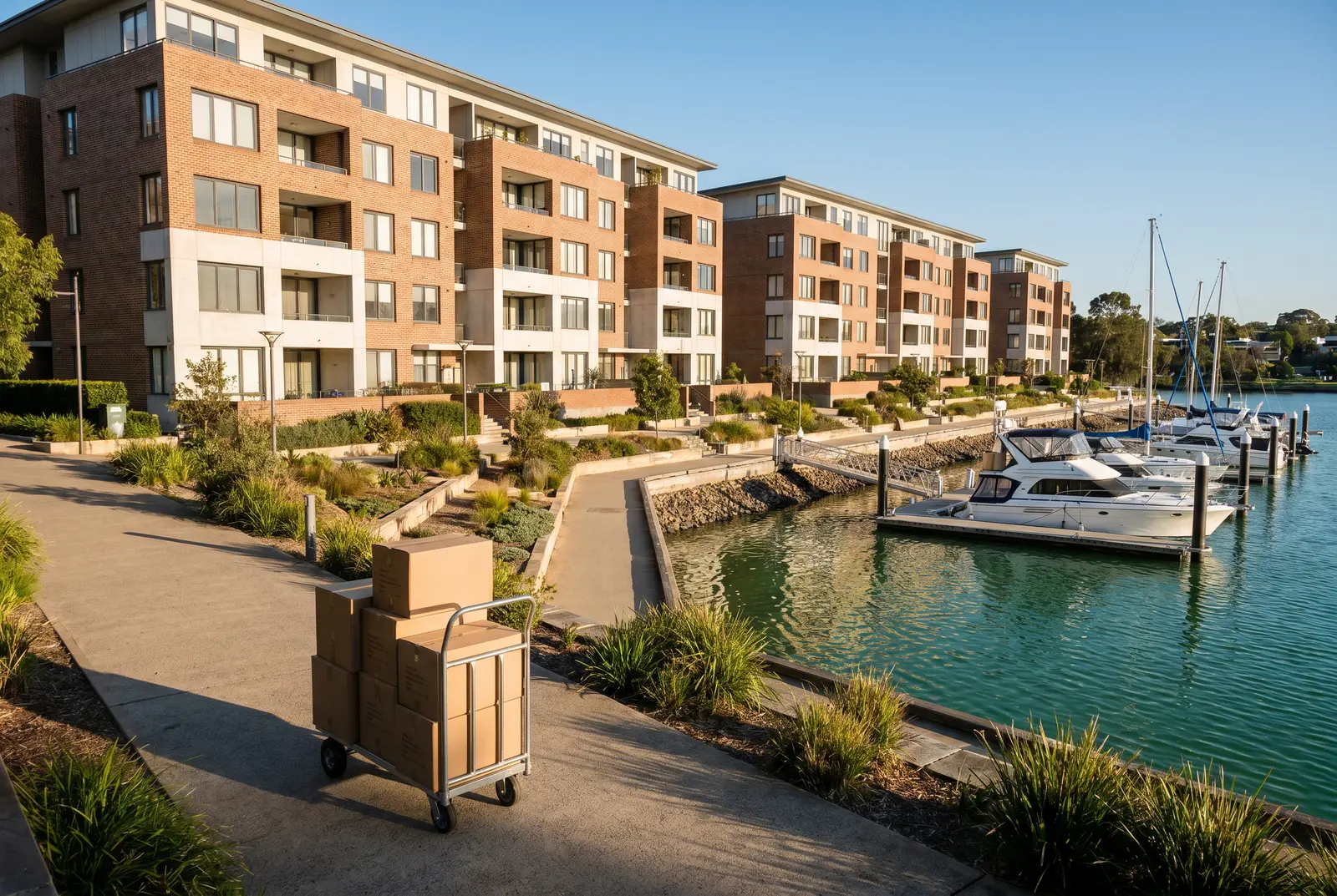 Riverside apartment buildings above a small marina, a trolley of moving cartons on the foreshore path