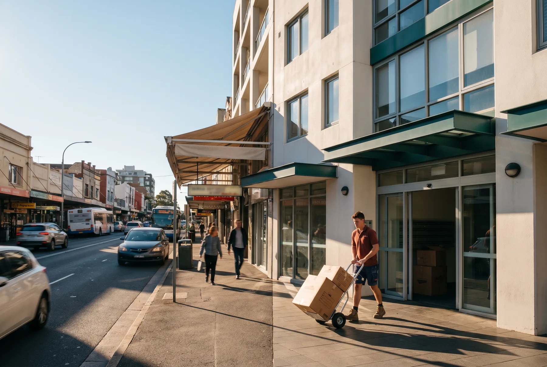 Removalist wheeling cartons out of a mid-rise apartment building on a busy shopping strip