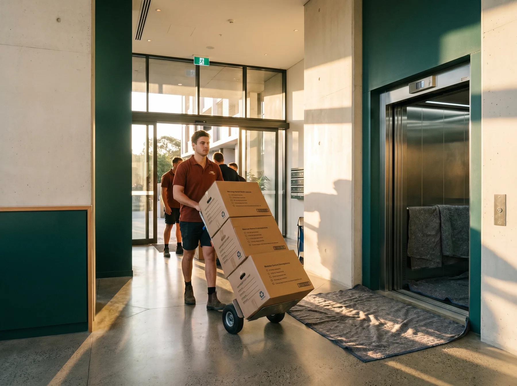 Removalist moving a trolley of labelled cartons through a lobby toward a lift hung with grey protective blankets